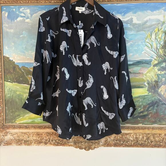 L’Agence Tyler Silk Leopard Cat Print Button Down Shirt Blouse Black Large NWT - Picture 4 of 13